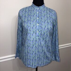 Talbots Top Womens Petite Medium Blue Paisley Long Sleeve Pintuck Ruffle Blouse